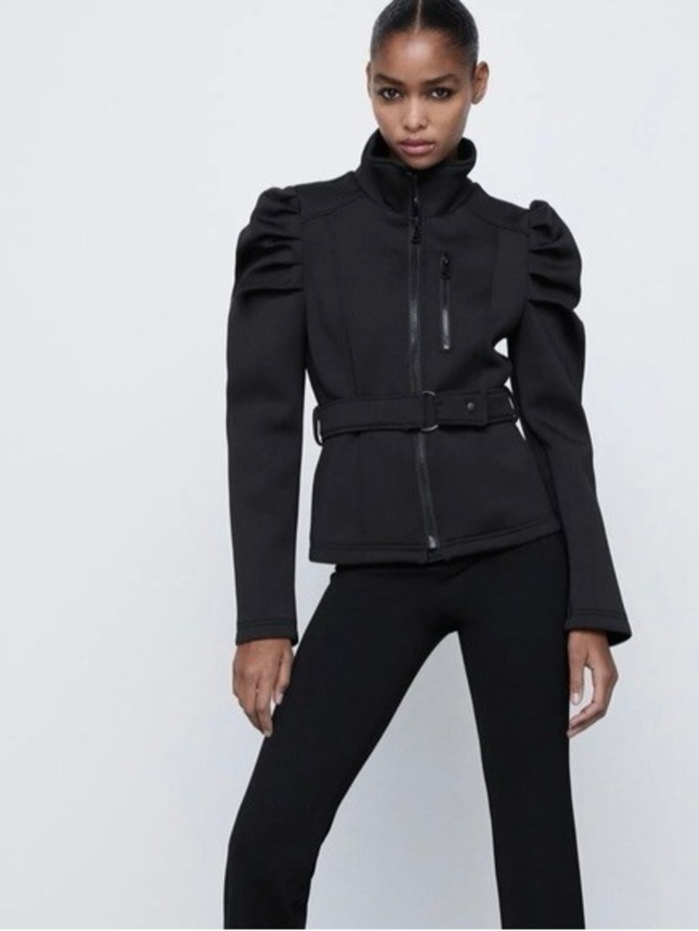 ZARA Black Puffed-Sleeve Neoprene Jacket, XL